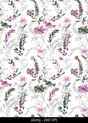 Seamless Digital Vector peint à la main des lys réduits et des feuilles dans un motif de prairie sauvage.ensemble de fleurs d'aquarelle. Fleurs peintes élégantes sur whit Banque D'Images