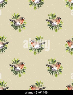 Oiseaux mignons, brindilles d'arbres de Noël, flocons de neige. Motif sans couture. L'hiver aquarelle dans un style vintage peint à la main sans couture textile scandinave Banque D'Images