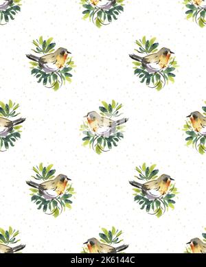 Oiseaux mignons, brindilles d'arbres de Noël, flocons de neige. Motif sans couture. L'hiver aquarelle dans un style vintage peint à la main sans couture textile scandinave Banque D'Images