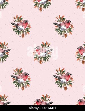 Oiseaux mignons, brindilles d'arbres de Noël, flocons de neige. Motif sans couture. L'hiver aquarelle dans un style vintage peint à la main sans couture textile scandinave Banque D'Images