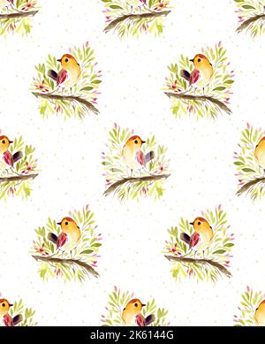 Oiseaux mignons, brindilles d'arbres de Noël, flocons de neige. Motif sans couture. L'hiver aquarelle dans un style vintage peint à la main sans couture textile scandinave Banque D'Images