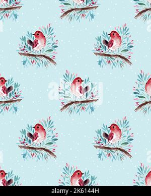 Oiseaux mignons, brindilles d'arbres de Noël, flocons de neige. Motif sans couture. L'hiver aquarelle dans un style vintage peint à la main sans couture textile scandinave Banque D'Images