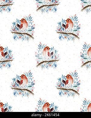 Oiseaux mignons, brindilles d'arbres de Noël, flocons de neige. Motif sans couture. L'hiver aquarelle dans un style vintage peint à la main sans couture textile scandinave Banque D'Images