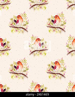 Oiseaux mignons, brindilles d'arbres de Noël, flocons de neige. Motif sans couture. L'hiver aquarelle dans un style vintage peint à la main sans couture textile scandinave Banque D'Images