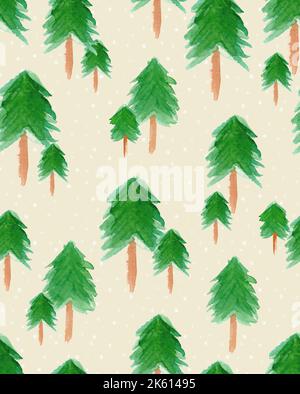 Motif de sapin de Noël aquarelle peint à la main sans couture, motif de Noël scandinave Banque D'Images