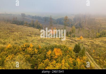 Vue aérienne de l'automne lever du soleil campagne, paysage traditionnel d'automne avec le soleil levant en Europe centrale. Lever de soleil brumeux et brumeux. Paysage gelé fro Banque D'Images