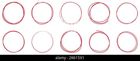 Jeu d'esquisses de lignes de cercle rouges à dessin à la main. Illustration vectorielle Illustration de Vecteur