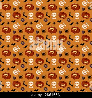 Motif brillant sans coutures avec citrouilles, crânes, chauves-souris et araignées. Décoration automnale festive pour Halloween. Arrière-plan des fêtes d'octobre pour l'impression sur papier, le textile et le design. Illustration vectorielle plate Illustration de Vecteur