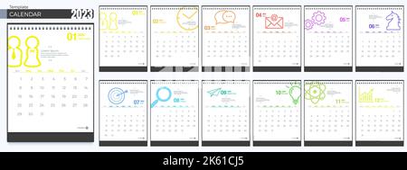 Modèles de calendrier 2023. 12 mois, calendrier vertical mensuel simple conception d'entreprise mise en page en anglais. La semaine commence le dimanche. 3D vecteur isolé i Illustration de Vecteur