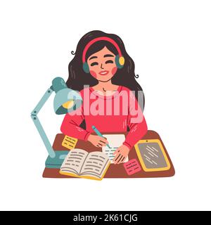 Jeune fille assise à une table et écrivant dans un carnet. Illustration plate du concept d'apprentissage en ligne et de tutoriel. Illustration de Vecteur