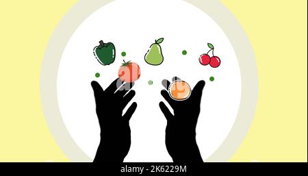 Illustration des mains humaines jonglant fruits et légumes en cercle sur fond jaune Banque D'Images