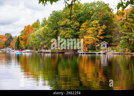 Adirondack chaises sur des jetées en bois le long de la rive boisée d'une rivière lors d'une journée d'automne nuageux. Superbes couleurs d'automne. Banque D'Images