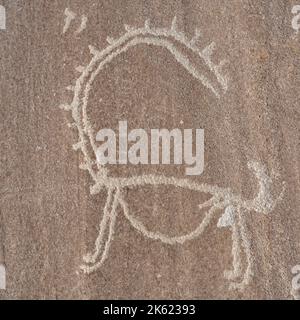 Vue rapprochée de la sculpture d'ibex sur la roche: Détail de l'ancienne route de la soie petroglyphe au-dessus de Langar, couloir de Wakhan, Gorno-Badakshan, Tadjikistan Pamir Banque D'Images