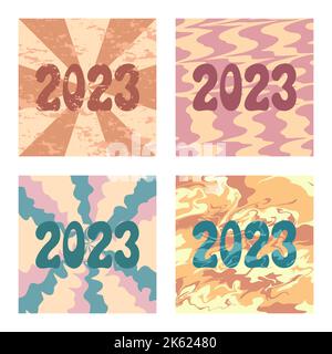 2023 numéros sur arrière-plan abstrait trippy. Ensemble vectoriel d'illustrations carrées tendance. Design groovy, rétro et psychédélique. Médias sociaux 2023 post t Illustration de Vecteur