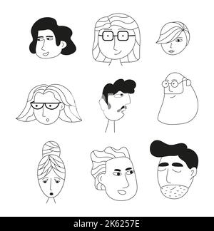 Les visages drôles dandinent les gens ensemble vecteur. Portraits de divers hommes et femmes. Réseaux sociaux, icônes. Avatars de famille dessinés à la main. Caricature, vêtements taille basse Illustration de Vecteur