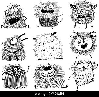 Funny Playful Naughty Hairy Monsters Collection Illustration de Vecteur