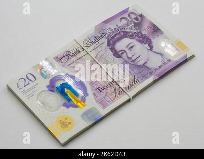 Gros plan sur les billets de vingt livres sterling britanniques. Portrait de la reine Elizabeth II Banque D'Images