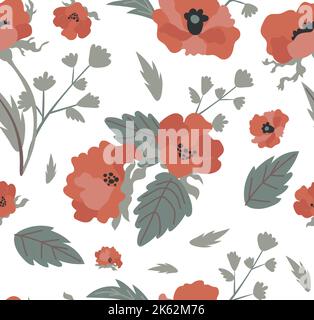 Motif vert et coquelicots rouges sans couture. Illustration de Vecteur