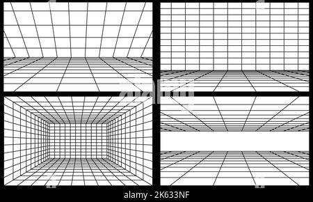 Salle de perspective avec grille noire. Définir 3D étages linéaires et dimension intérieure vide. Collection Virtual Studio Wireframe Design. Simple cyber espace fra Illustration de Vecteur