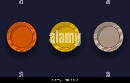 Ensemble de dessins animés de l'icône de classement ou du badge de réalisation de jeu. Récompenses ou médailles d'or, d'argent et de bronze. Mettez à niveau les pièces de monnaie avec une étoile et un élément pour l'actif de l'interface utilisateur. Co Illustration de Vecteur