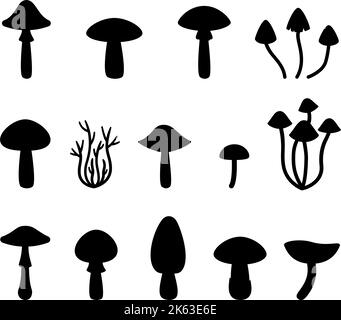 Placez les silhouettes de champignons noirs sur un fond transparent. Illustration décorative pour sablage, découpe au laser et au traceur Illustration de Vecteur