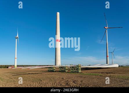 Parc d'éoliennes près de Bad Wünnenberg, site de construction, zone de stockage pour une nouvelle éolienne, composants du mât, la nacelle et les rotors sont prêts à l'emploi Banque D'Images