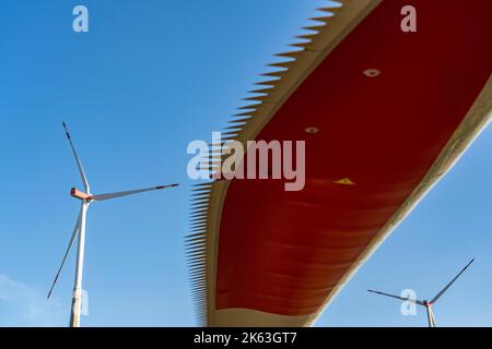 Parc d'éoliennes près de Bad Wünnenberg, site de construction, zone de stockage pour une nouvelle éolienne, composants du mât, la nacelle et les rotors sont prêts à l'emploi Banque D'Images