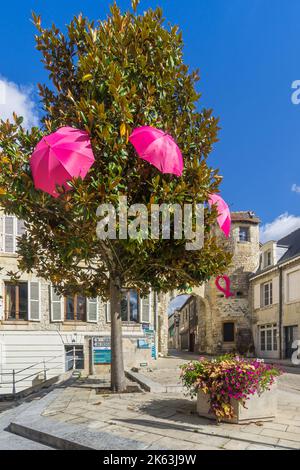 Des parapluies roses symbolisant le « mois d'octobre de sensibilisation au cancer » à la Roche Posay, Vienne (86), France. Banque D'Images