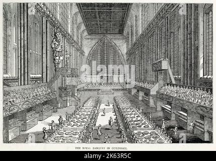 Intérieur du banquet royal à Guildhall, Londres le jour du Lord Mayor. Assisté par le roi George III parmi la compagnie étaient tous les officiers de l'État la noblesse principale et les ambassadeurs étrangers. Banque D'Images