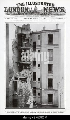 Une habitation de cinq étages lourdement endommagée par une bombe lors d'une attaque de zeppelin. Banque D'Images