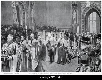 Le roi Édouard VII main dans la main avec la reine consort Alexandra, passage de la Robing-Room aux Lords. Banque D'Images