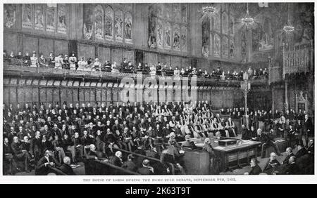 La Chambre des Lords pendant le débat sur le Home Rule, Lord Chancellor (Lord Herschell) s'apprêtait à poser la question. Banque D'Images