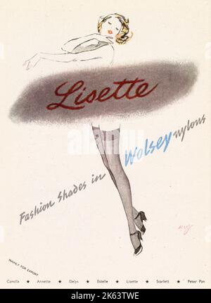 Publicité pour Wolsey nylons 'Lisette' abat-jour mettant en vedette une femme élégante avec des jambes galbées vêtues de bas. Banque D'Images