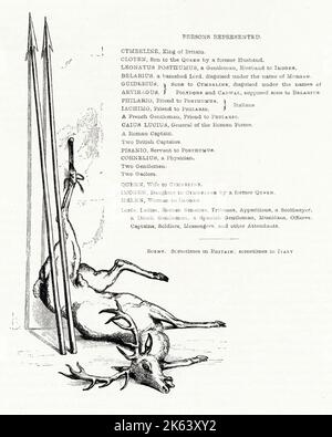 Illustration de Kenny Meadows à Cymbeline, par William Shakespeare. Liste des acteurs, avec cerfs morts et deux lances. Banque D'Images