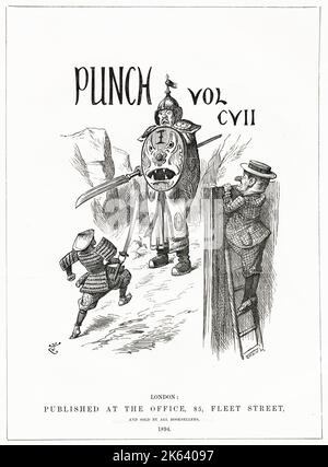 Caricature au début de la première guerre sino-japonaise (juillet 1894 - septembre 1895). L'Europe (représentée par M. Punch) attend de la Chine qu'elle bat le Japon. Banque D'Images