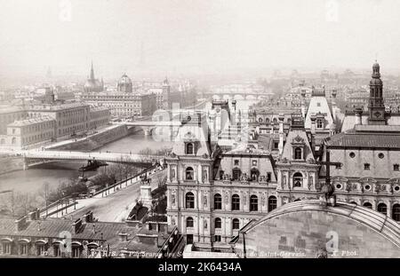 Photographie du XIXe siècle - vue sur le toit de Paris le long de la Seine, France Banque D'Images