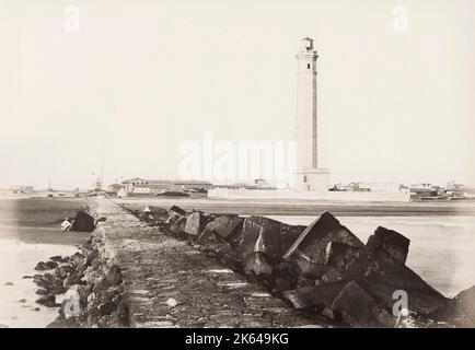 Photographie ancienne du XIXe siècle : phare Port Said, Égypte, Canal de Suez. Banque D'Images