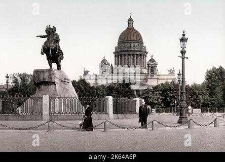 C.1890s la Russie - statue équestre de Pierre le Grand à la place du Sénat à Saint-Pétersbourg, Banque D'Images
