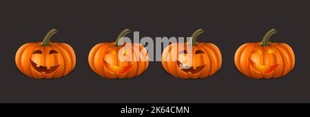 Ensemble de citrouilles d'Halloween à motif vectoriel. Mignon Jack-o-lanternes, visage de citrouille sculpté pour invitations, cartes, emballage, emballage, bannières Design. 3D réaliste Illustration de Vecteur