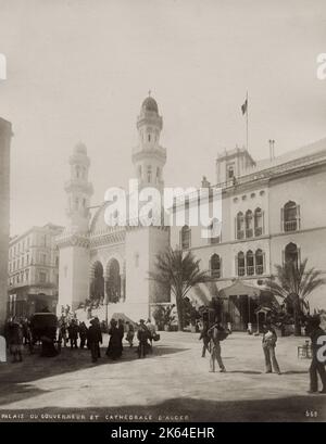 Photographie du XIXe siècle : le Palais du Gouverneur et la Cathédrale, Alger, Algérie. Banque D'Images