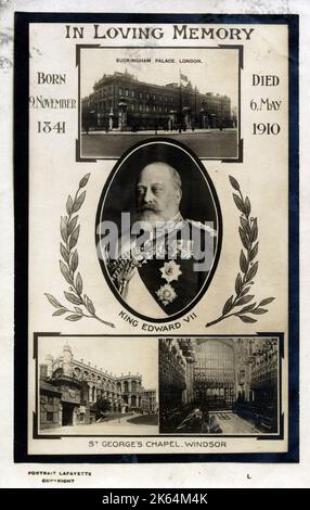 Carte postale commémorative - Roi Édouard VII (1841-1910), avec portrait en incrustation et vues du palais de Buckingham et de St. Chapelle George, château de Windsor. Banque D'Images
