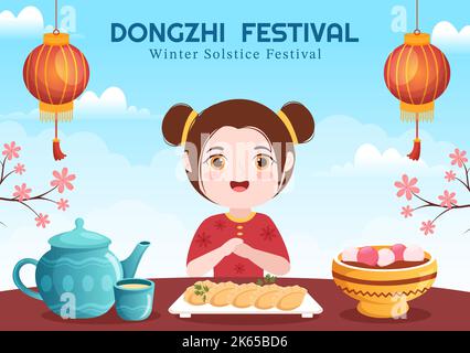 Dongzhi ou Winter Solstice Festival modèle dessin main dessin dessin dessin dessin animé dessin animé dessin animé par la famille appréciant la cuisine chinoise Tangyuan et Jiaozi concept Illustration de Vecteur