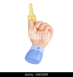 Clé dorée pour déverrouiller et ouvrir la porte en voiture, à la maison ou au bureau. Concept de vente de maison ou de véhicule, location, cryptage, accès, 3D rendent l'illustration isolée sur fond blanc Banque D'Images