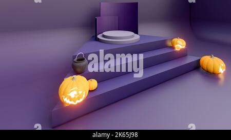 3D rendus, 3D représentations, podium violet et noir et un arrière-plan abstrait minimal pour Halloween, Banque D'Images