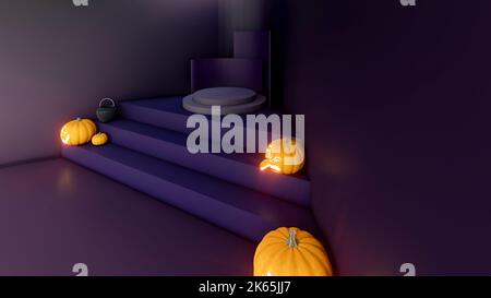 3D rendus, 3D représentations, podium violet et noir et un arrière-plan abstrait minimal pour Halloween, Banque D'Images