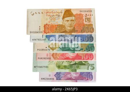 Pakistan, billets, banque, billets, set, collection, monnaie, 75, soixante-quinze, roupies, isolé, blanc, arrière-plan, note, papier, argent, noir, finance Banque D'Images