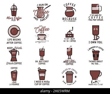 Divers autocollants avec boissons au café et textes Banque D'Images