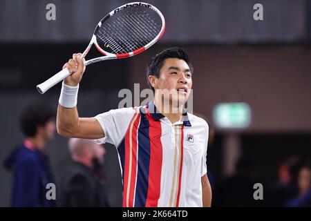 Pala Wanny, Florence, Italie, 11 octobre 2022, Brandon Nakashima des États-Unis célèbre la victoire lors de l'UniCredit Firenze Open - Round de 32 Banque D'Images