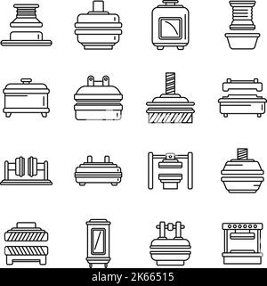 Les icônes des machines de presse définissent le vecteur de contour. Fabrication de formation. Équipement d'action Illustration de Vecteur