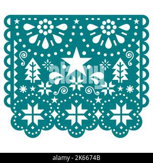 Noël Papel Picado motif vectoriel avec flocons de neige, arbres de Noël et étoiles, décoration de guirlande de fête en papier d'hiver mexicaine en vert Illustration de Vecteur